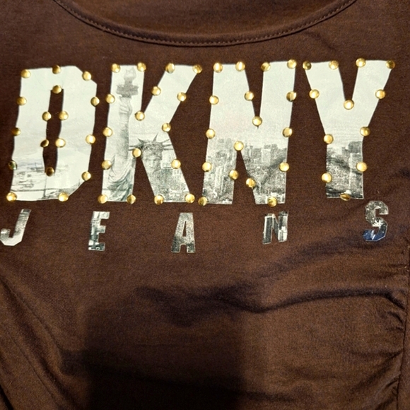 'DKNY JEANS' Shiny Gold Studded Logo Brown Ruched Cap Sleeve Top- L - Like New - Picture 5 of 7